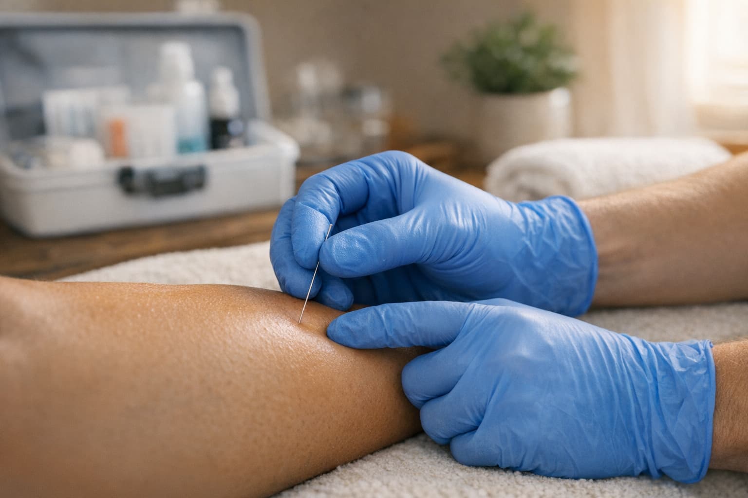 Close-up of dry needling treatment on patient's calf at home — hands and treatment area only