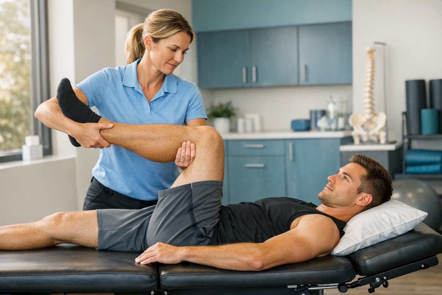 Sports therapist assisting a patient with guided stretching at Acumotion Sports Therapy