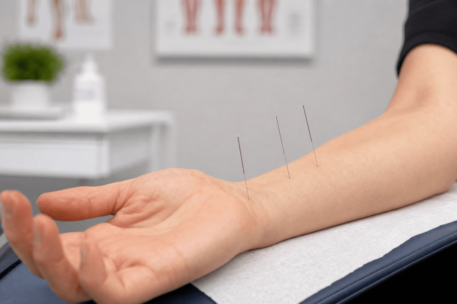 Close-up of a practitioner's hands performing dry needling on a patient's forearm in a clinical setting