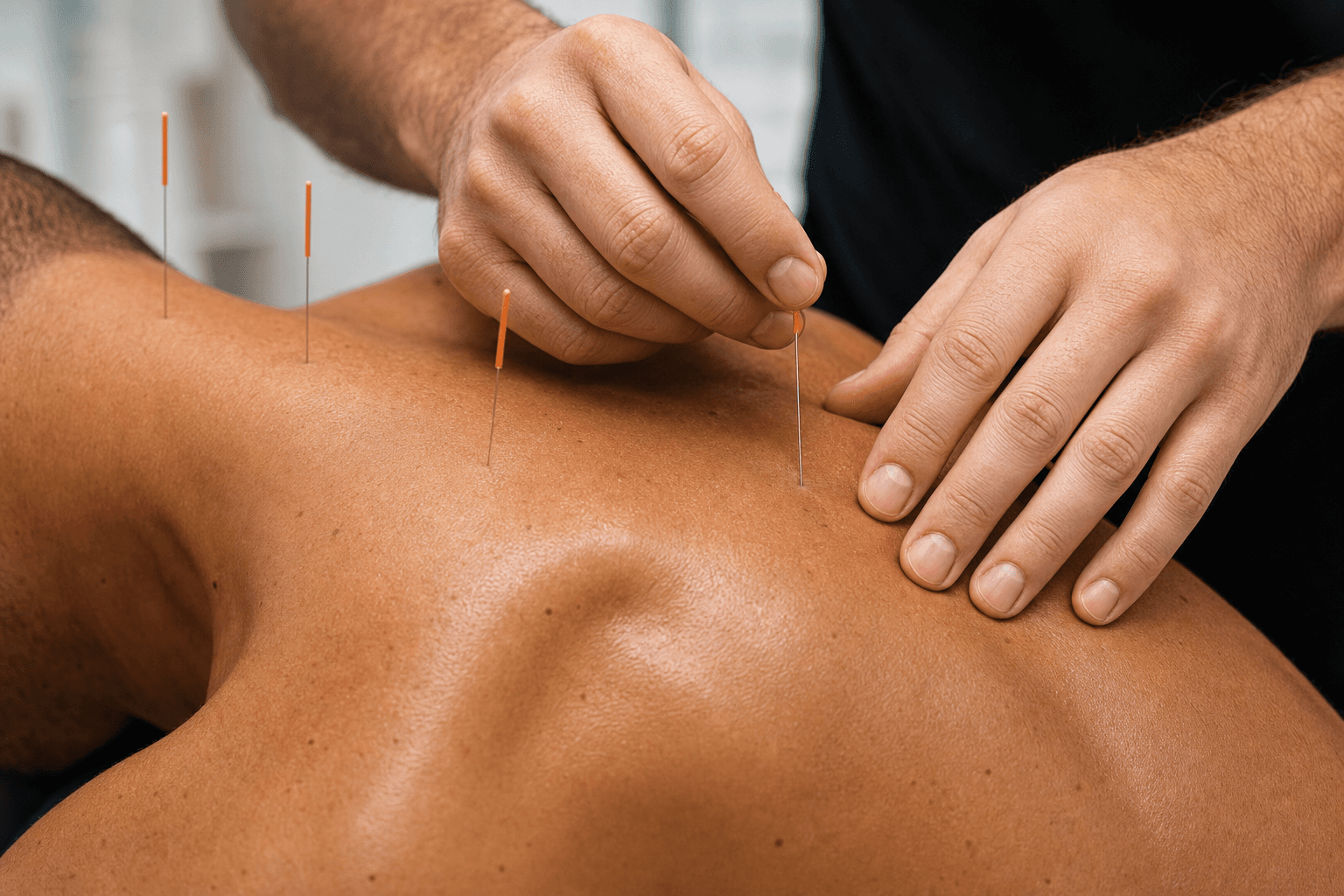 Dry needling treatment on patient's upper back — hands-on therapeutic body work