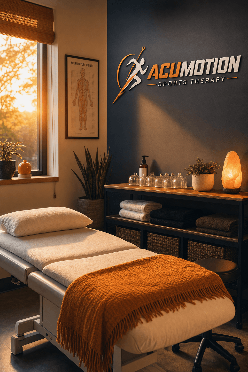 Warm, serene treatment room at Acumotion Sports Therapy with soft golden light, clinical yet inviting atmosphere for healing and pain relief