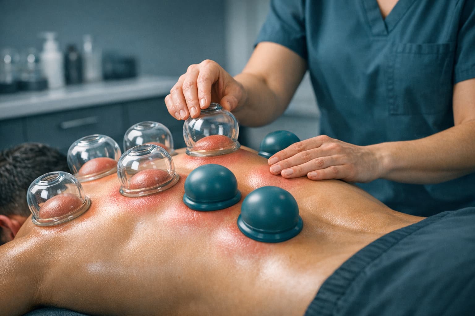 Cupping therapy applied to an athlete's back at Acumotion Sports Therapy
