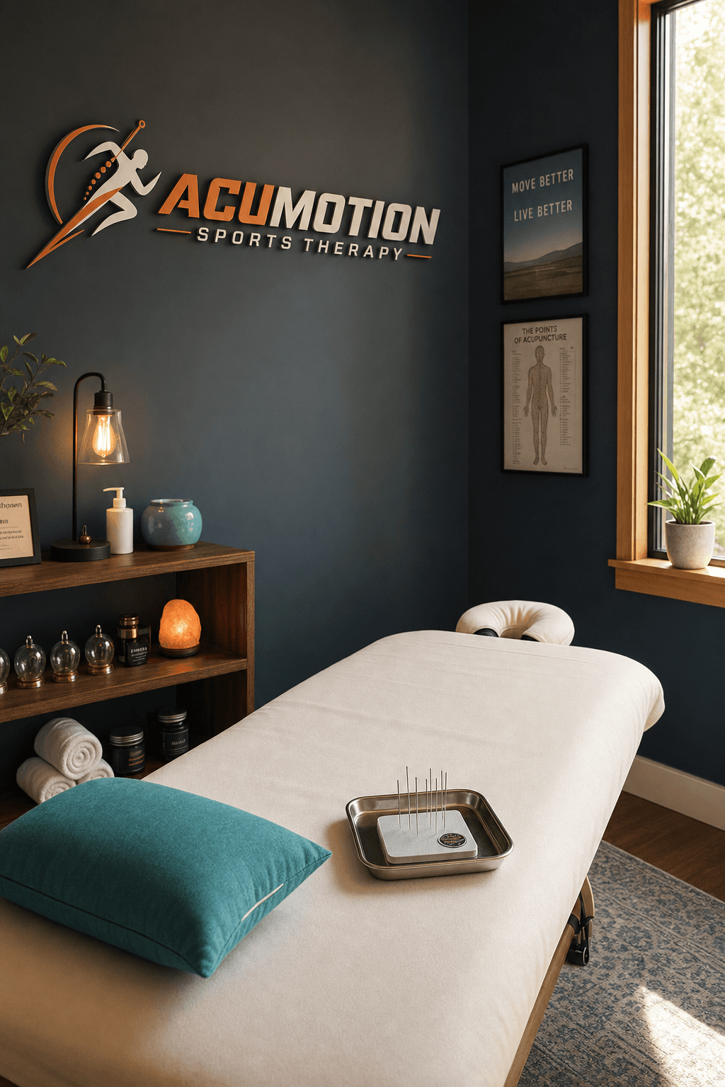 Serene treatment room at Acumotion Sports Therapy with warm natural light and calming clinical atmosphere