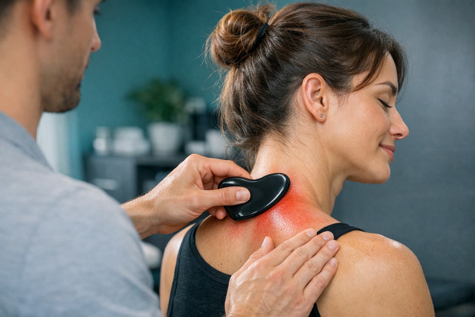 Gua sha treatment on a patient's neck and shoulder at Acumotion Sports Therapy