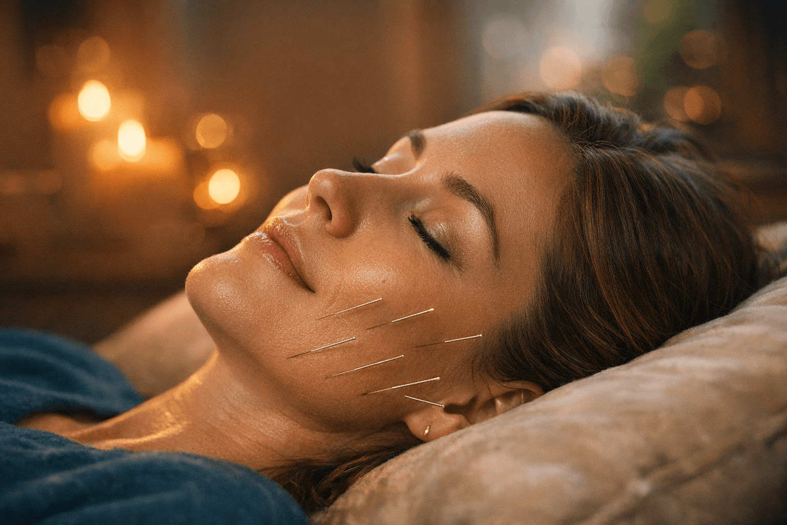 Woman receiving acupuncture treatment in a comfortable home setting with soft lighting