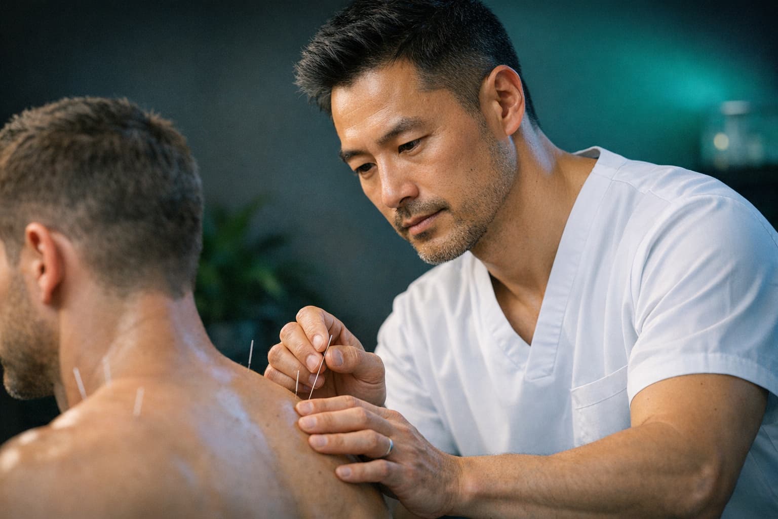 Male acupuncturist performing motor point therapy on an athlete at Acumotion Sports Therapy in Loveland CO