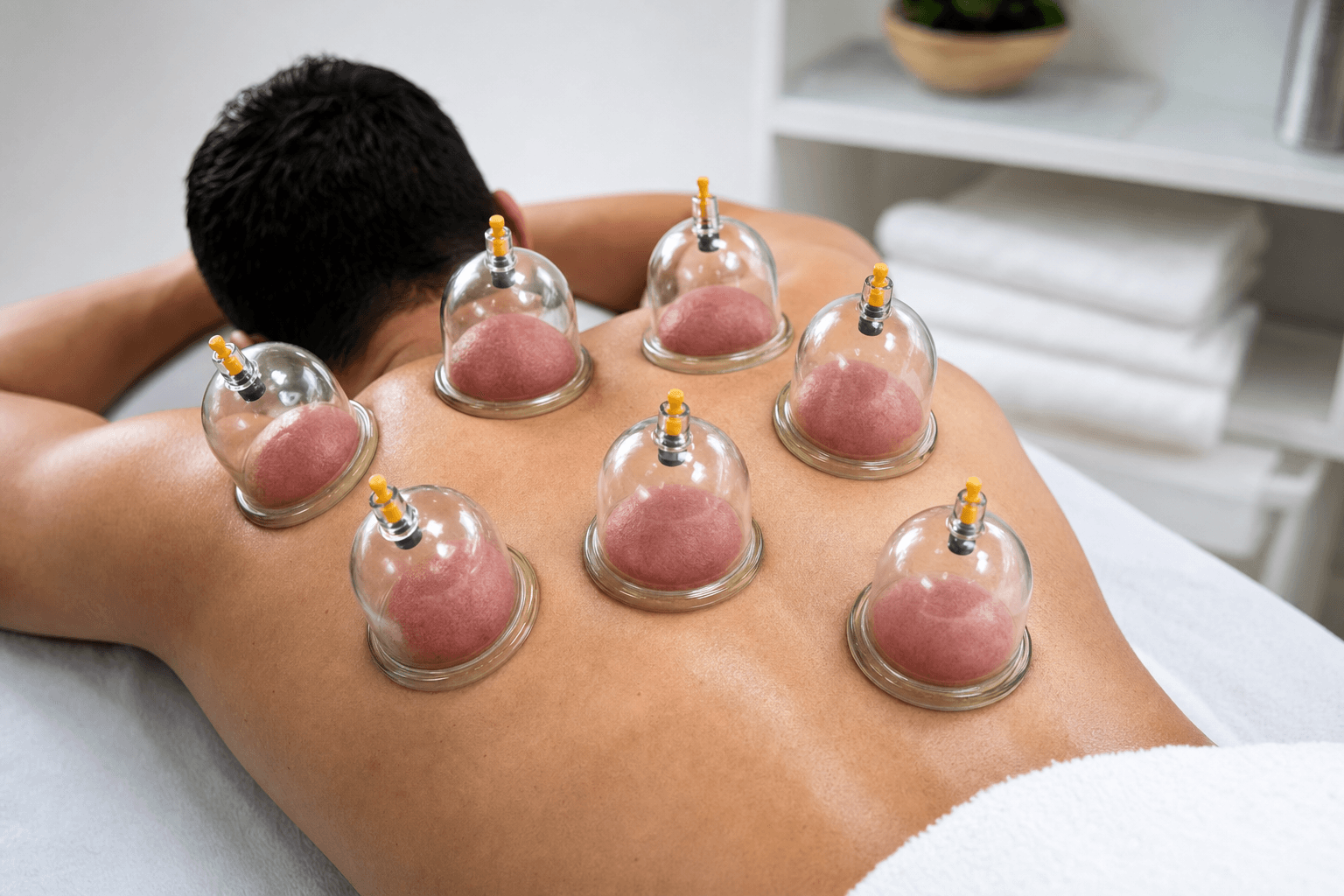 Cupping therapy applied to patient's back — body-focused therapeutic treatment