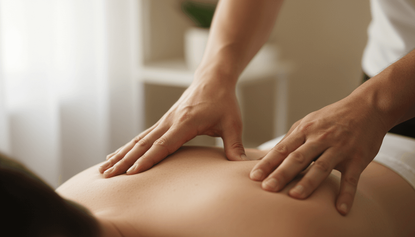 Therapist applying manual trigger point pressure to a patient's upper back