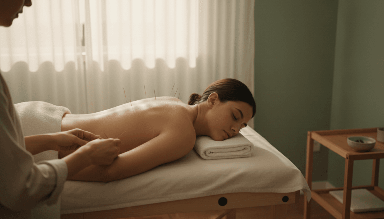 Patient receiving acupuncture treatment, relaxed with needles placed along upper back