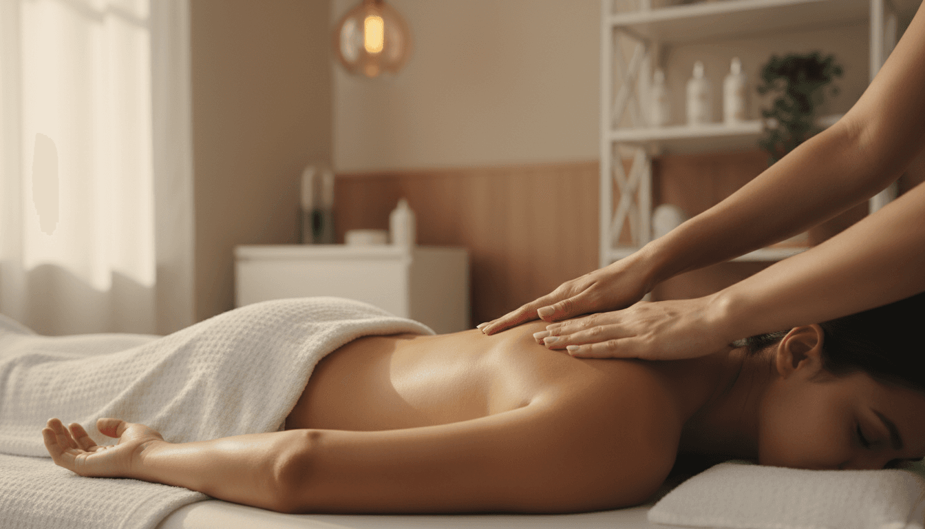 Therapist's hands performing trigger point therapy on a client's back in a calm treatment room