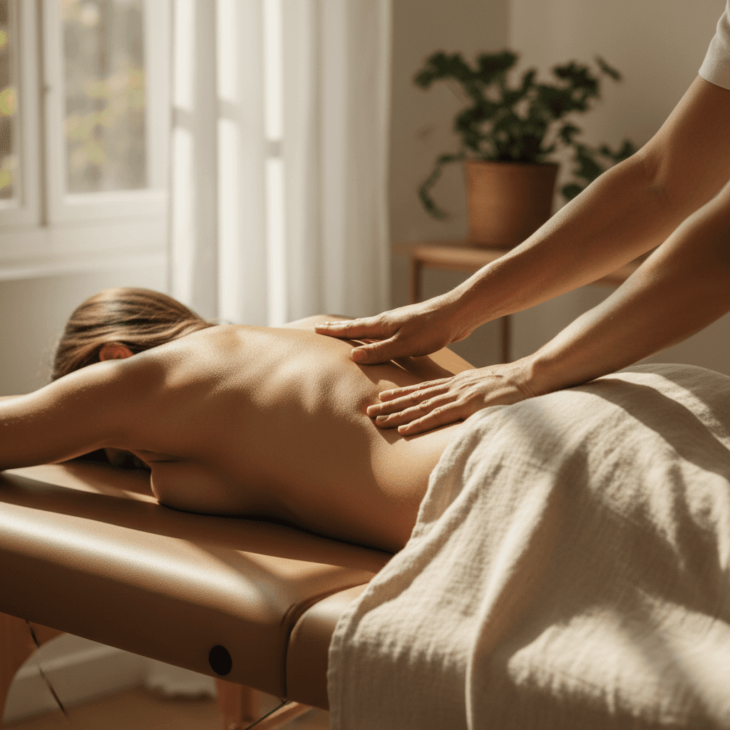 Therapist's hands applying targeted pressure to a patient's lower back on a treatment table