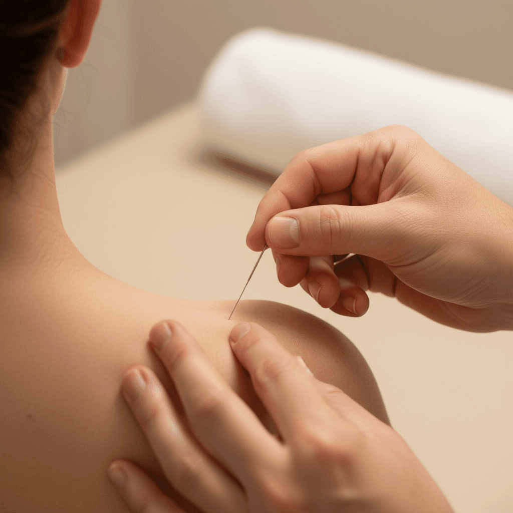 Dry needling treatment on shoulder muscle