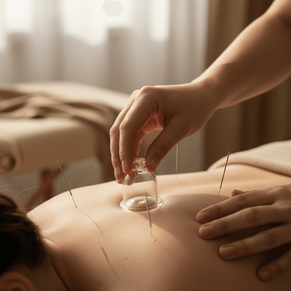 Cupping therapy applied alongside acupuncture needles on a patient's back