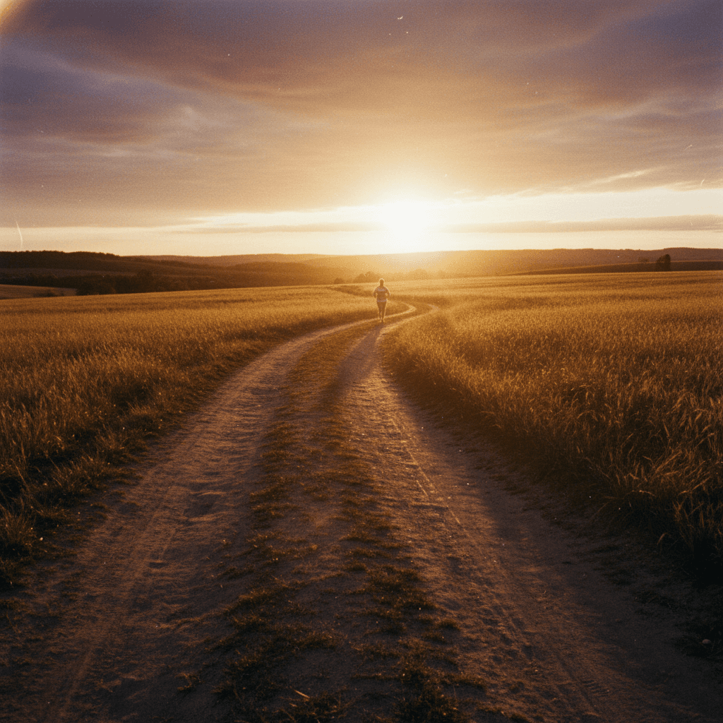 Runner on a dirt trail through open fields at golden hour