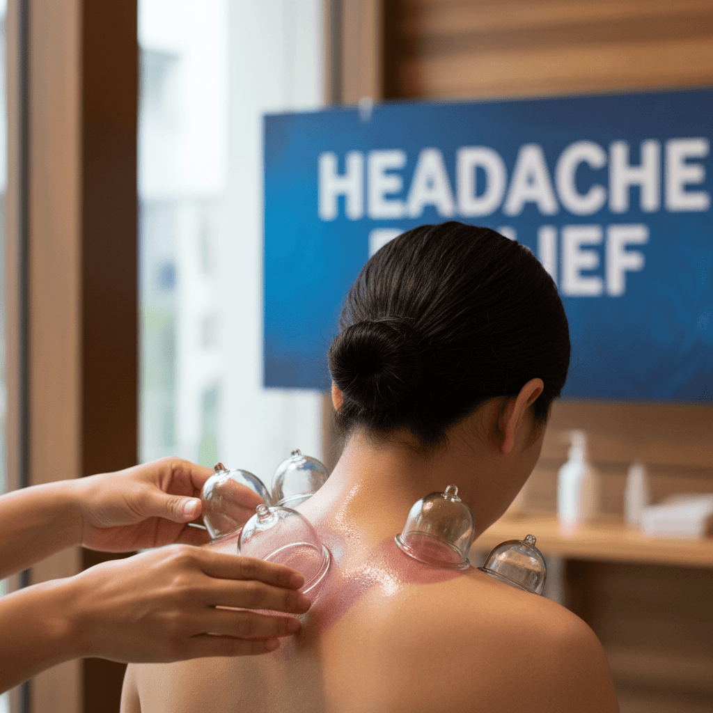 Cupping therapy applied along neck and shoulder muscles
