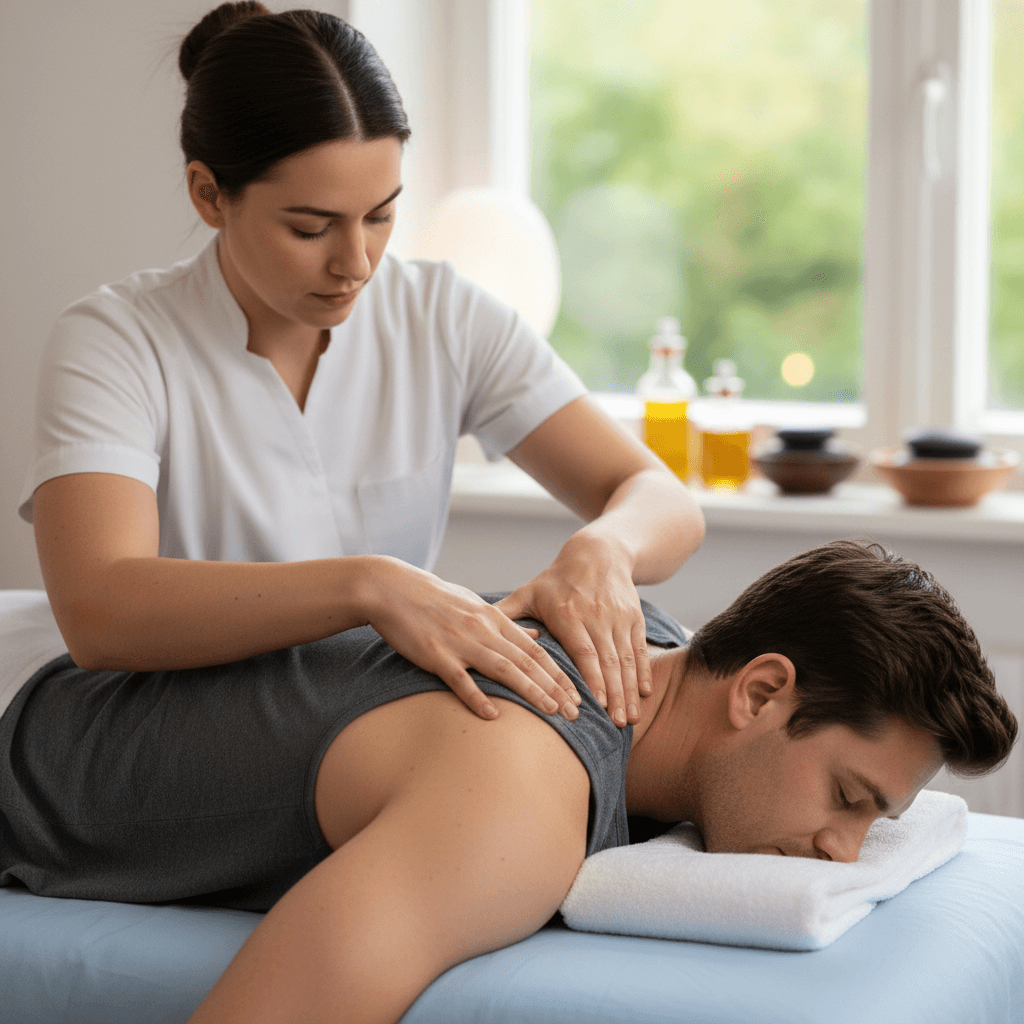Therapist using hands to massage and stretch a patient's neck and shoulder muscles
