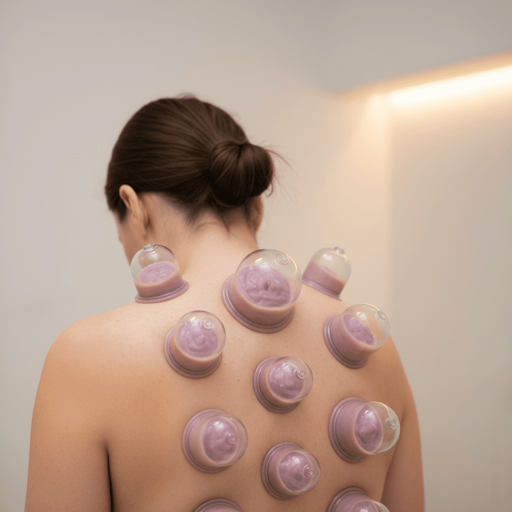 Silicone cupping therapy cups placed on a patient's upper back