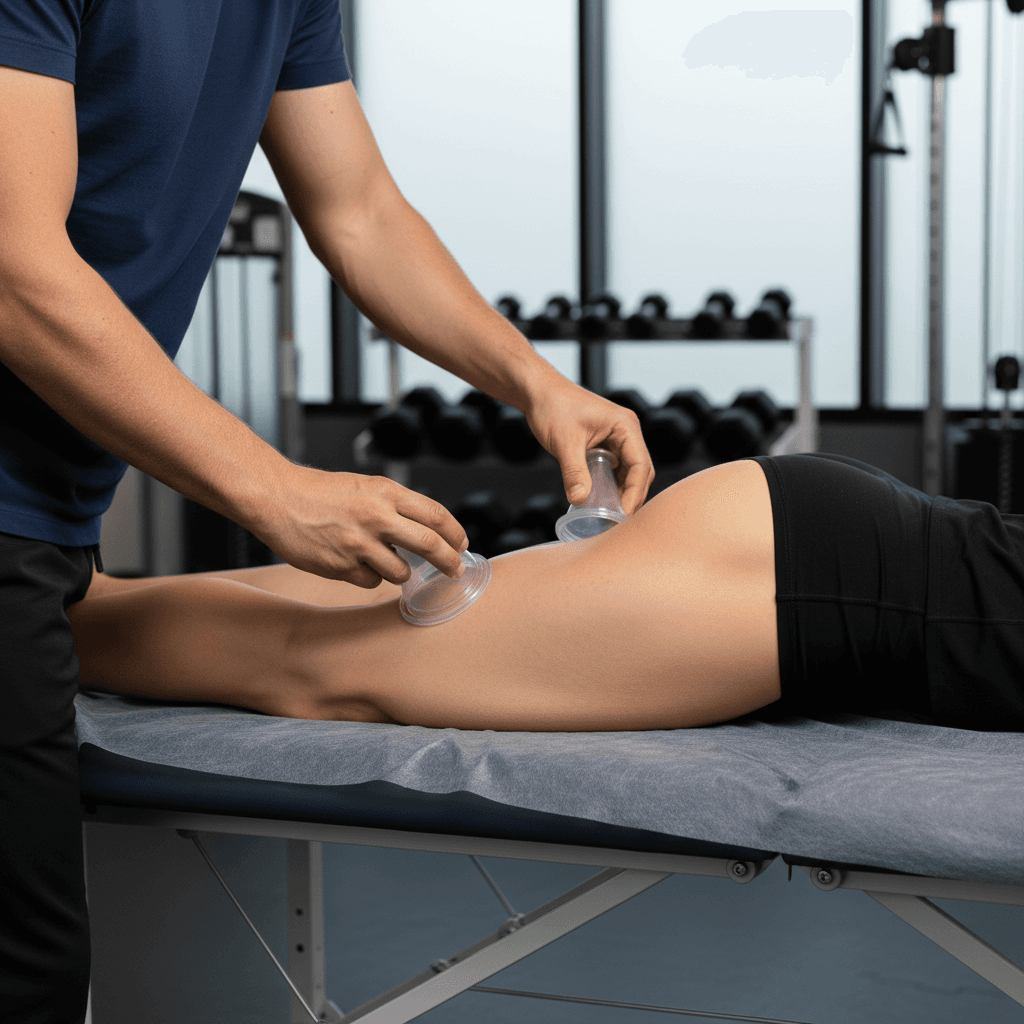 Cupping therapy on a patient's hip in an athletic treatment setting