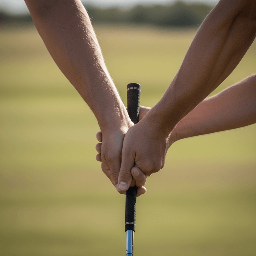 Hands on golf grip with therapist assessing wrist tension