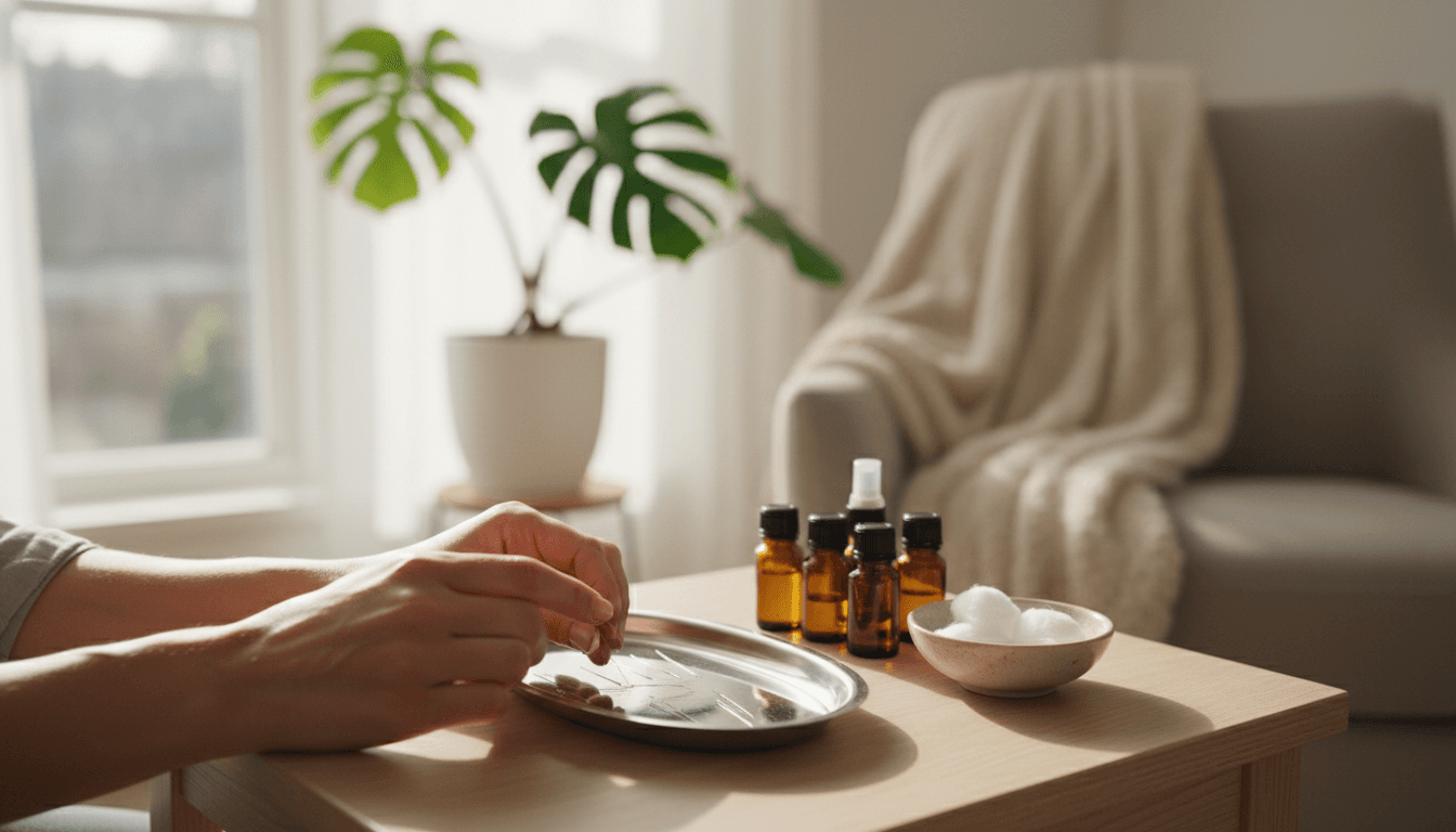 Acupuncture needles laid out on a tray in a home setting.