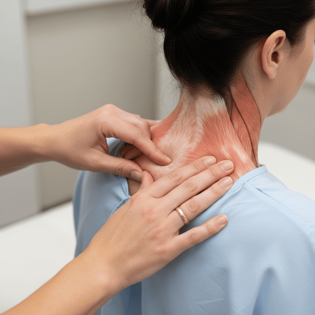 Therapist palpating patient's upper back muscles