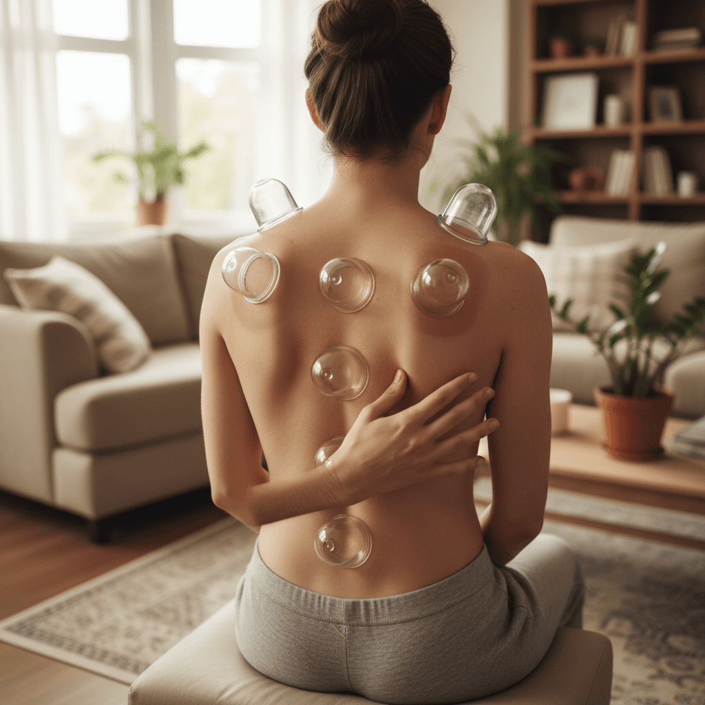 Cupping therapy being performed on patient's back in home setting