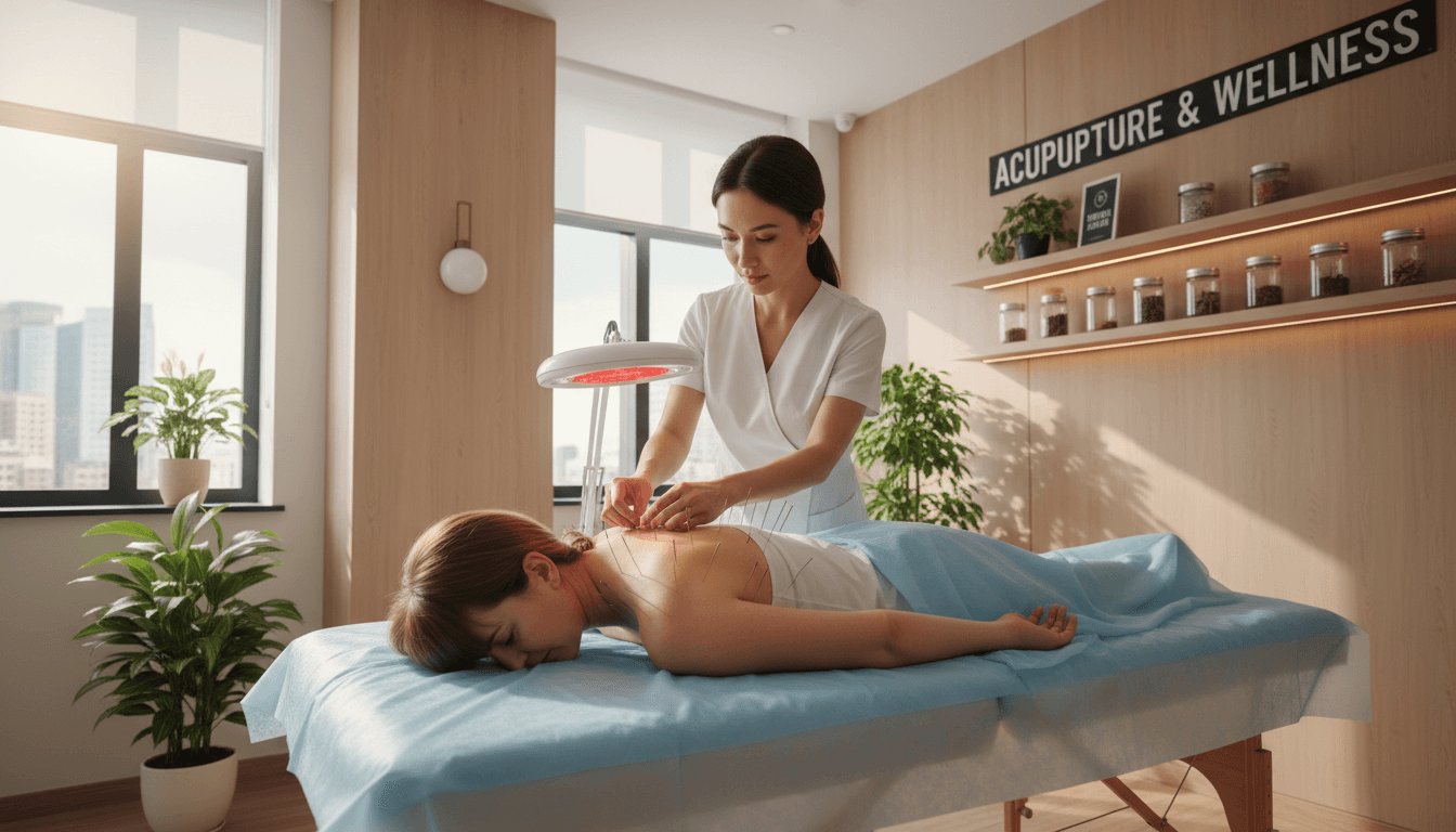 Acupuncturist placing thin needles on a patient's shoulder area in a clean, bright treatment room