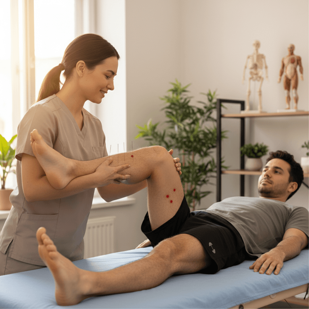 Stretching and acupuncture on a client's leg