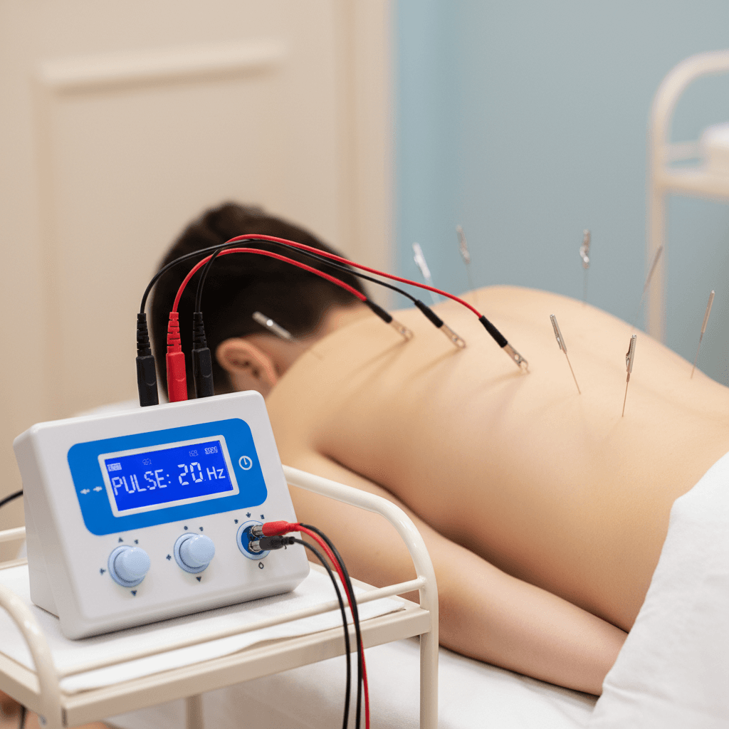 Electroacupuncture device with small clips attached to needles on a patient's back