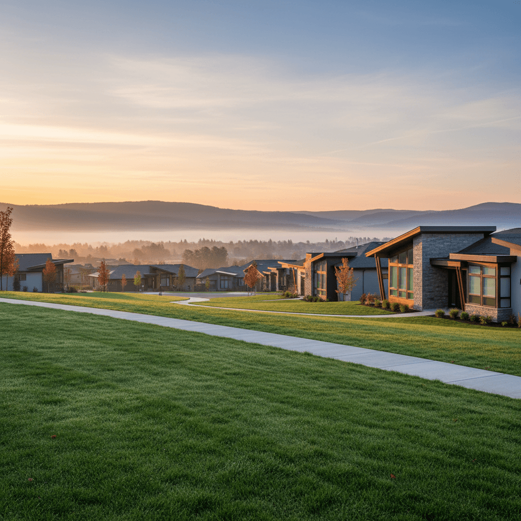 Suburban Timnath neighborhood at sunrise with foothills