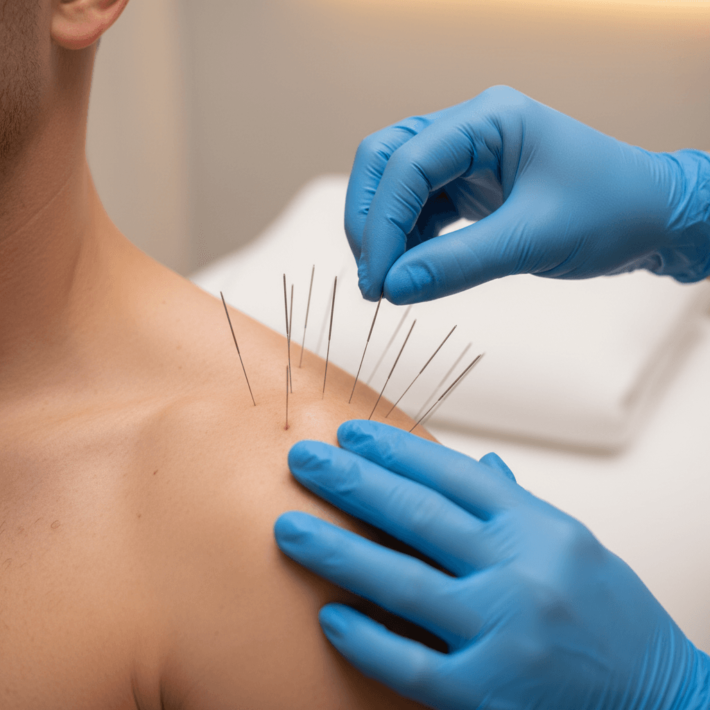 Close-up of dry needling treatment applied to shoulder muscles