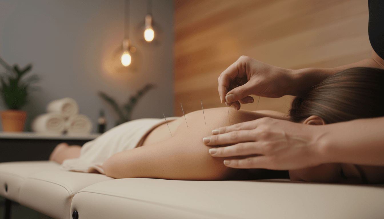 Board-certified acupuncturist performing dry needling treatment on patient's shoulder in a calm clinical setting