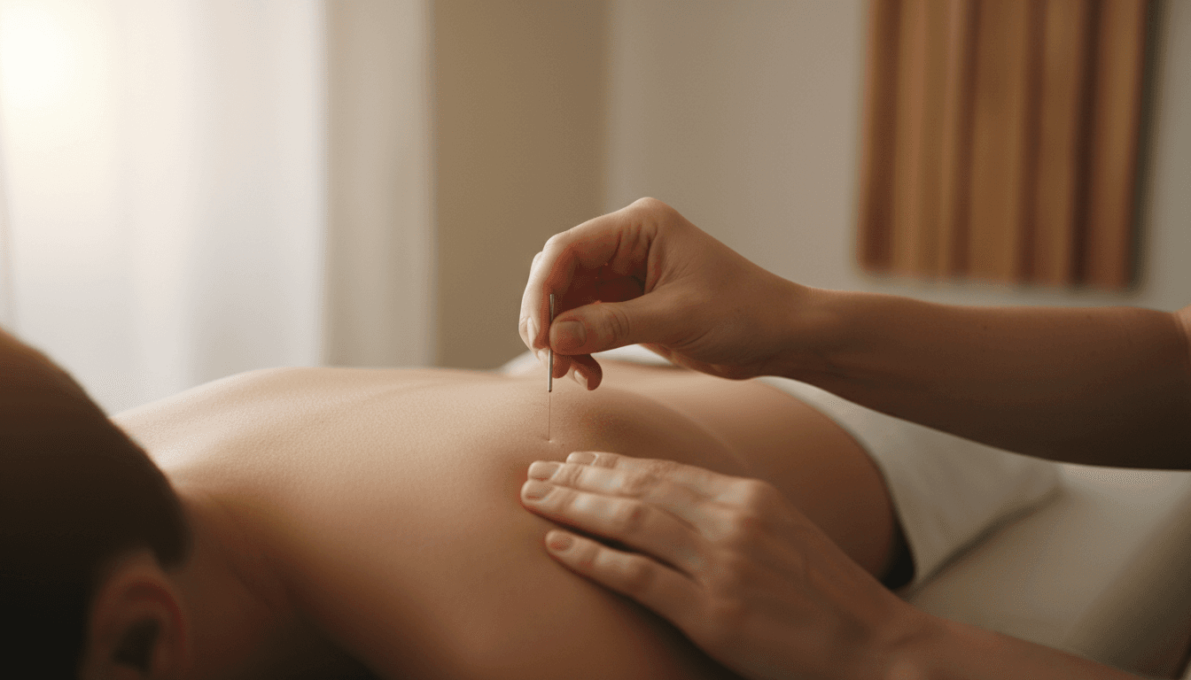 Close-up of a practitioner's hand placing a dry needling needle on a client's back in a warm, clinical setting