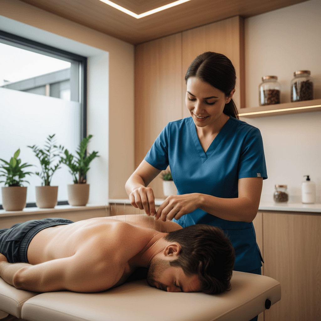 Acupuncturist applying dry needling to a patient's neck muscles in a modern clinic