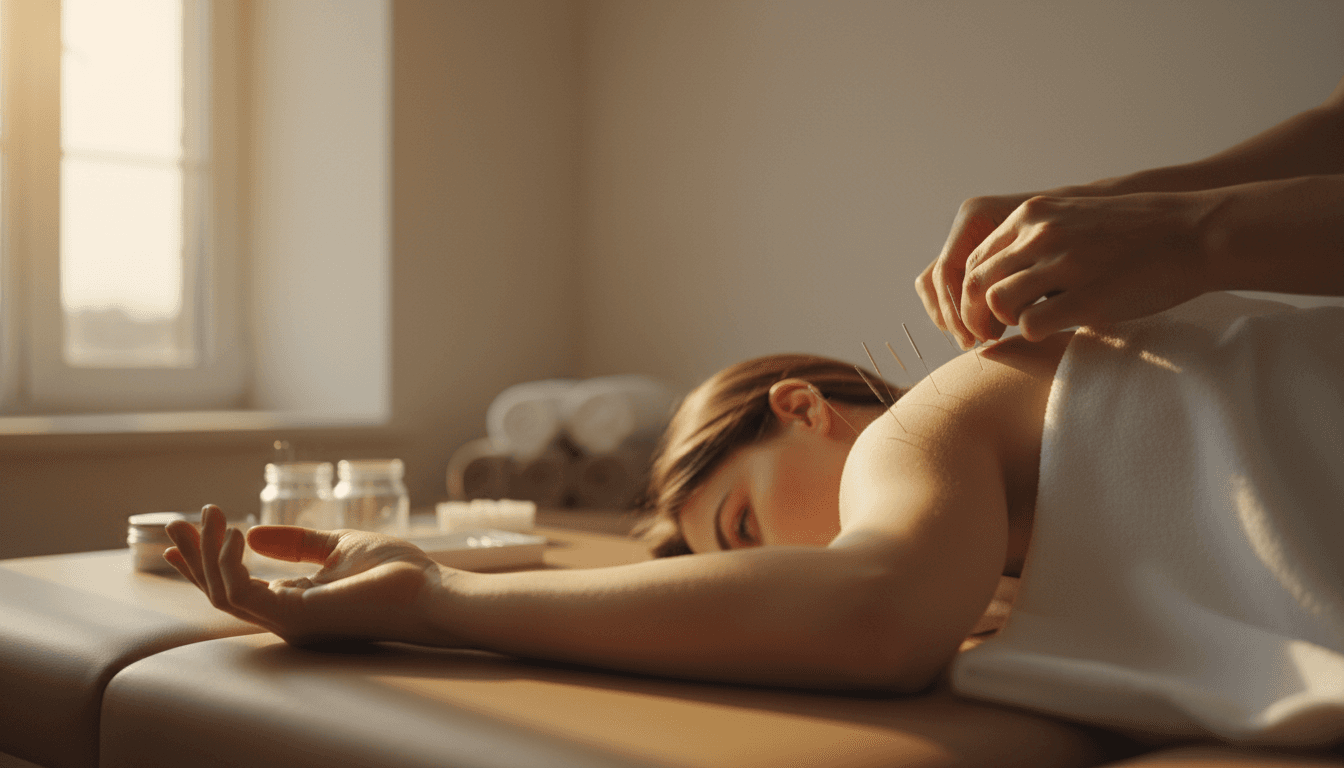 Sports therapist performing acupuncture treatment on patient's shoulder in clinical setting