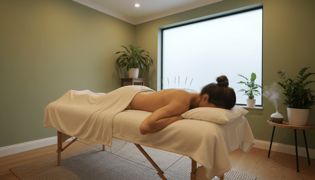 Patient receiving acupuncture treatment for low back pain relief in professional medical clinic