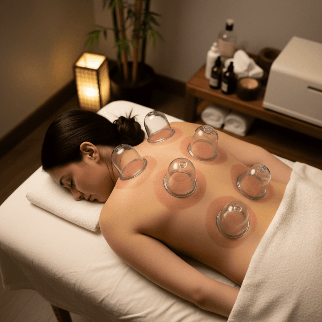 Cupping therapy applied to a patient's neck and upper shoulders