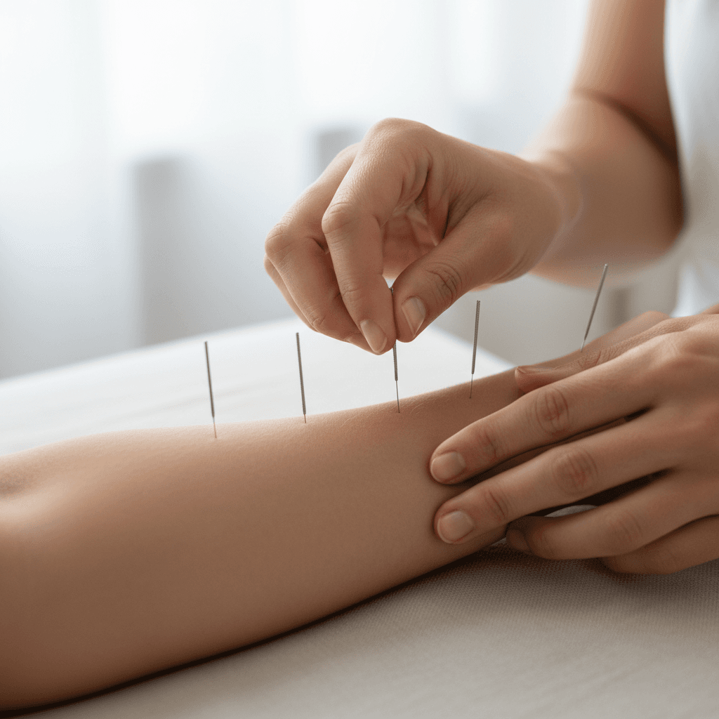 Gentle placement of acupuncture needles on forearm for natural pain relief