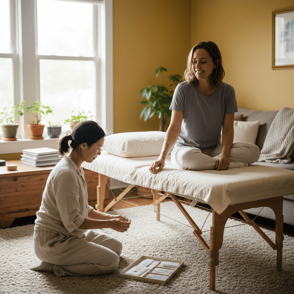 Mobile acupuncture setup in a home living room with patient and practitioner