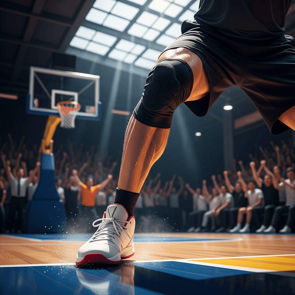 Basketball player landing with focus on knee and patellar tendon