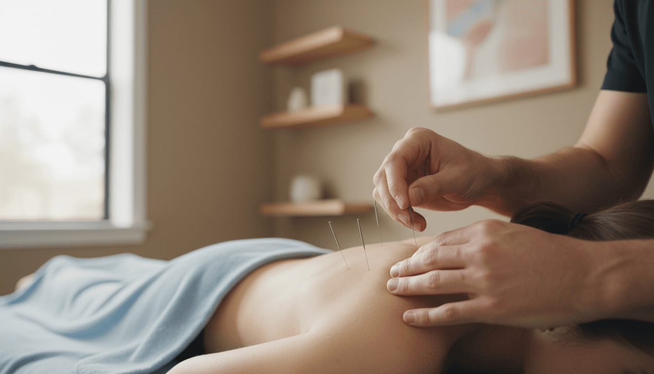 Acupuncturist placing needles on patient's shoulder and upper back during sports acupuncture treatment