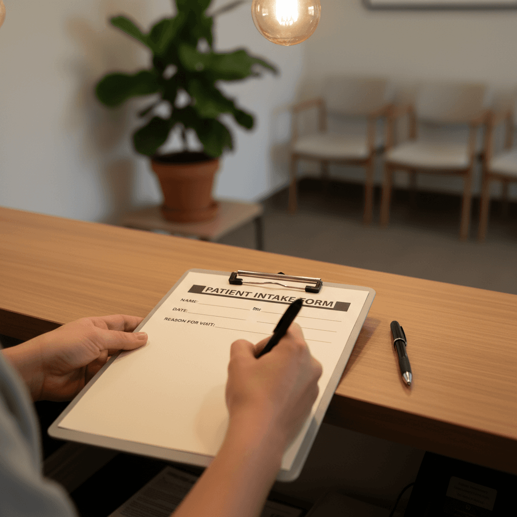 Hands filling out an intake form on a clipboard at a clinic desk