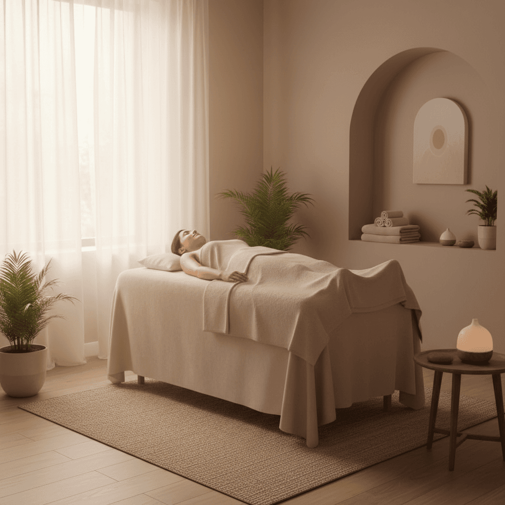 Calm patient in peaceful treatment room after motor point session
