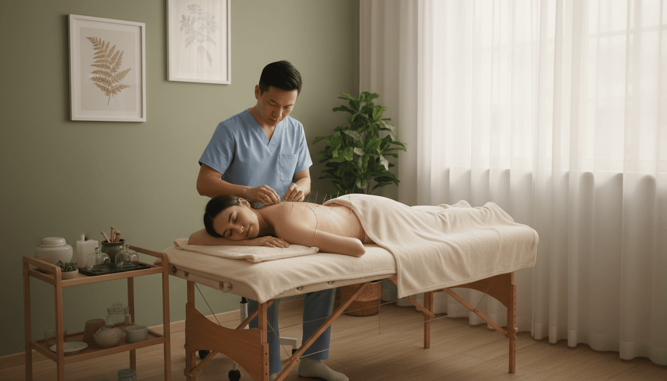 Patient receiving acupuncture treatment in a calm, professional clinical environment