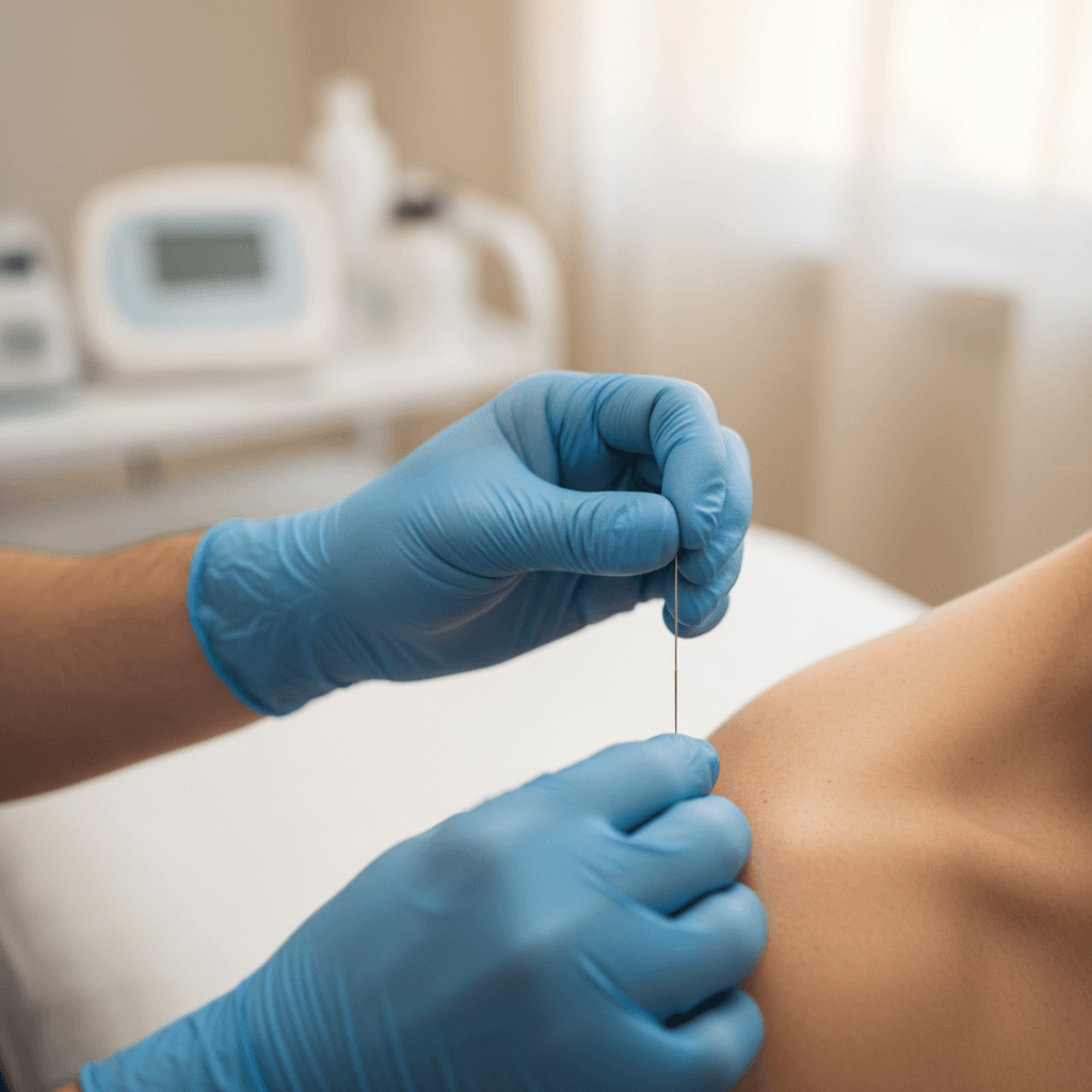 Practitioner inserting a thin dry needling filament into a patient's shoulder muscle