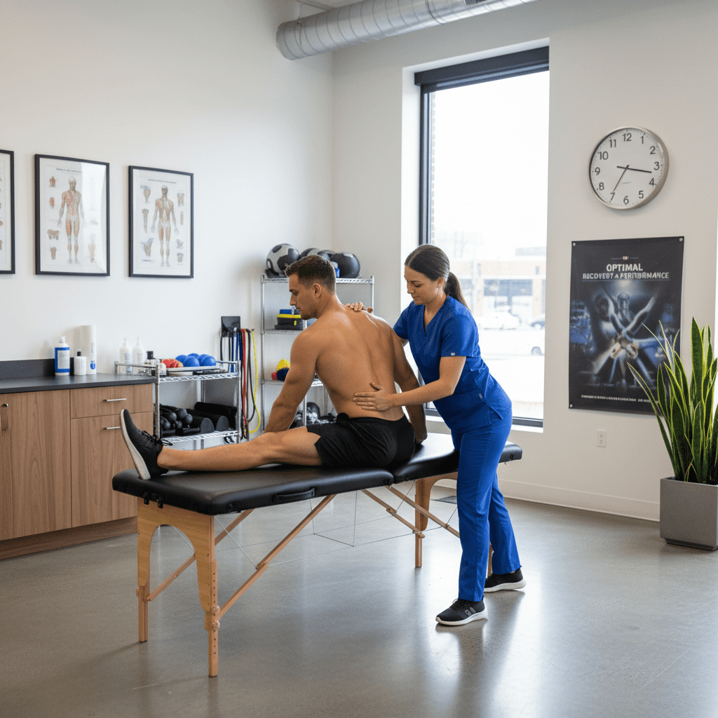 Athlete stretching on a treatment table while a therapist works on their back muscles