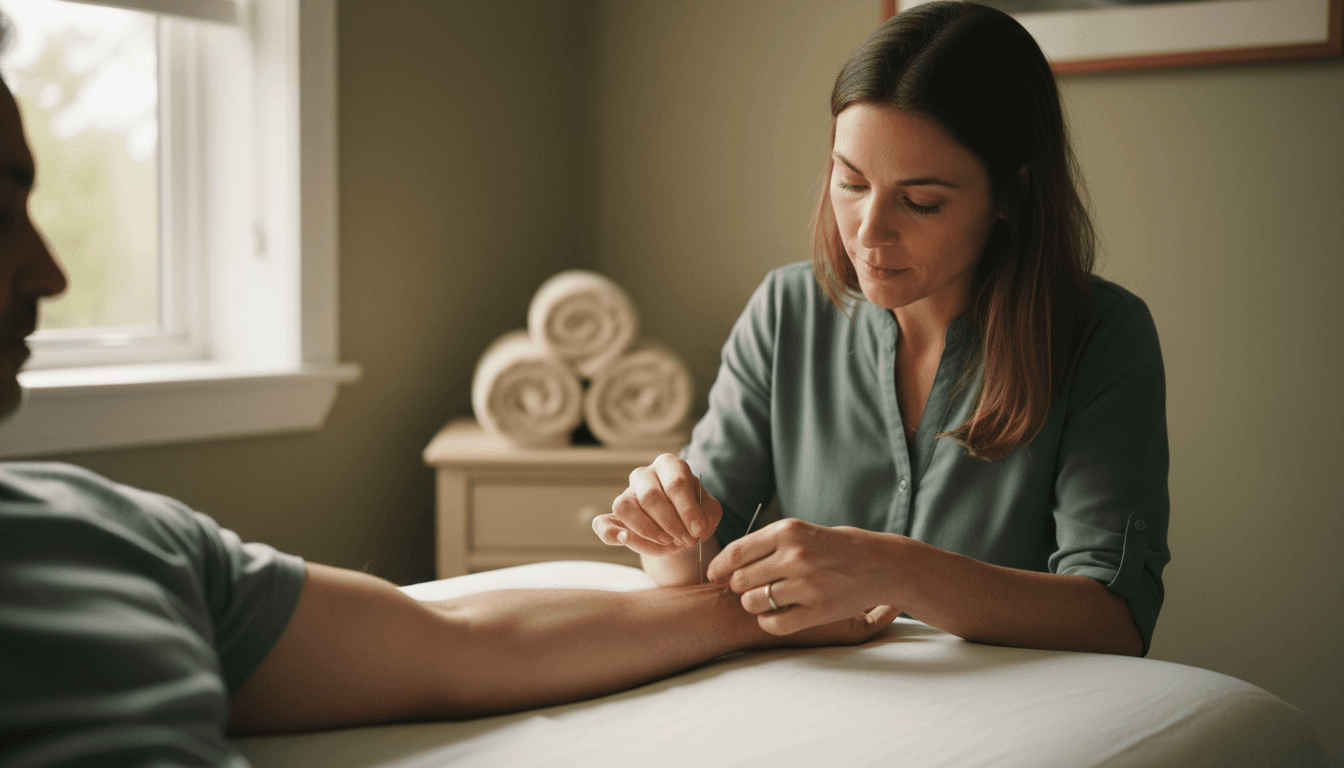 Acupuncturist placing a needle on a client's forearm during a treatment session