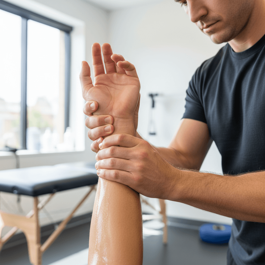 Therapist applying myofascial release to a client's forearm