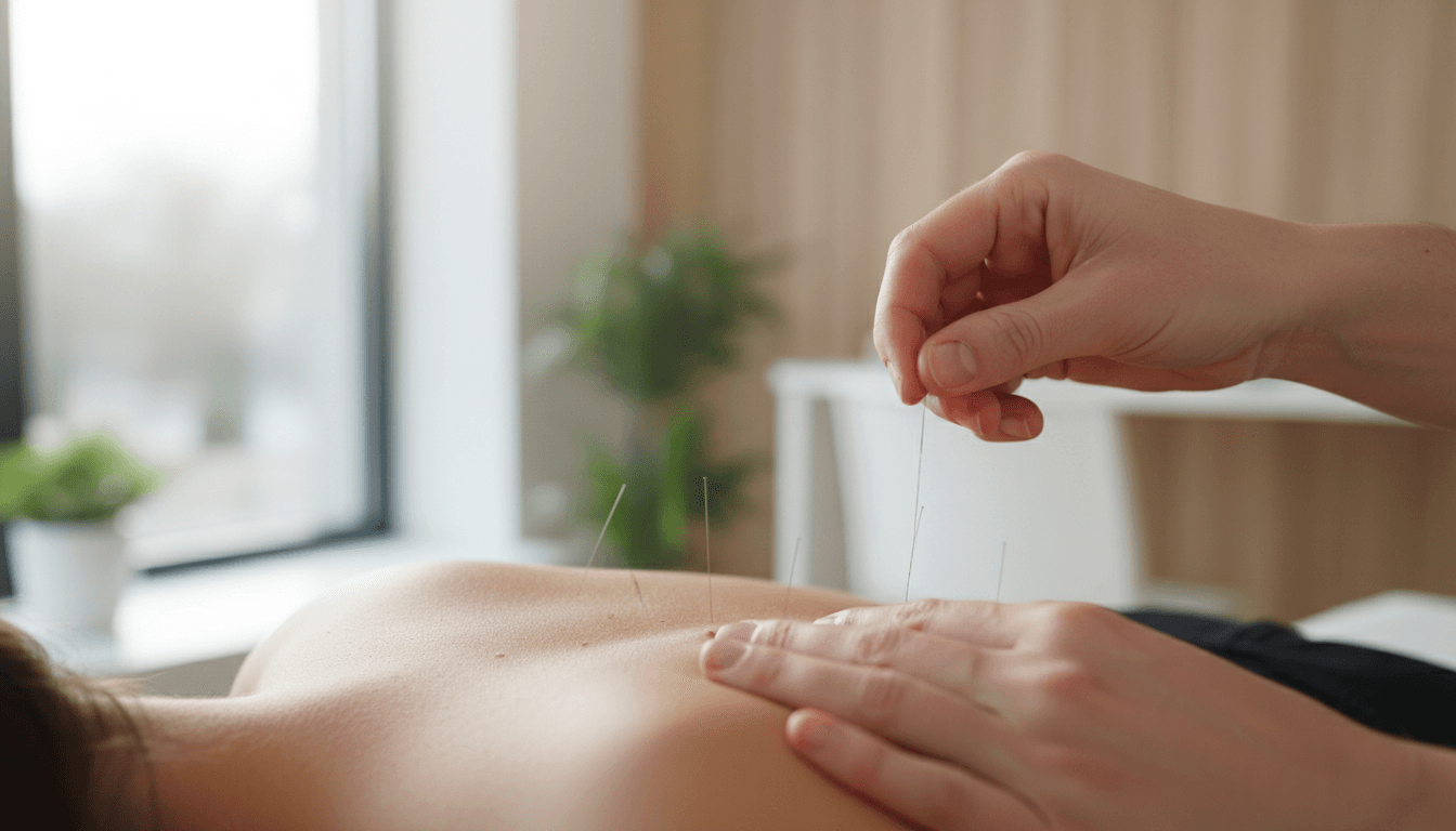 Close-up of a therapist performing dry needling on a patient's back in a clinic