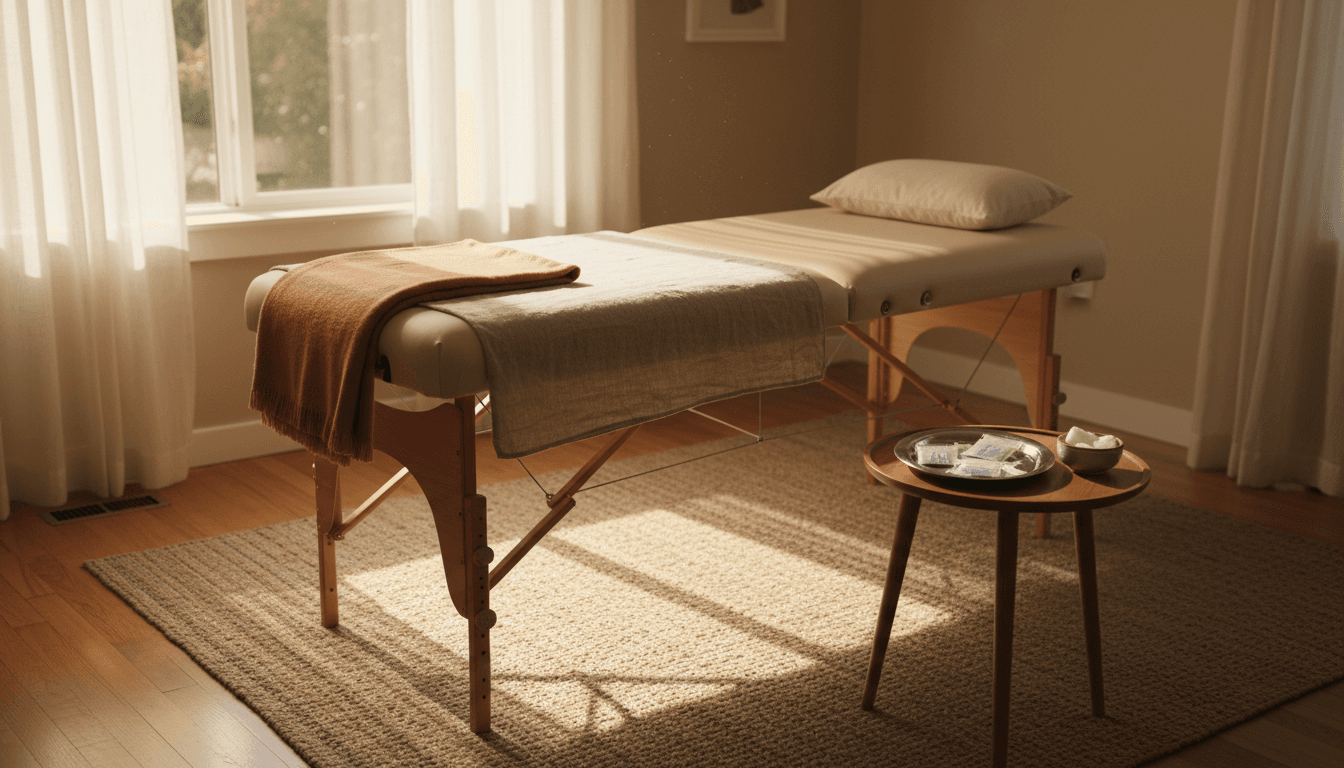 Portable acupuncture treatment table set up in a sunlit living room